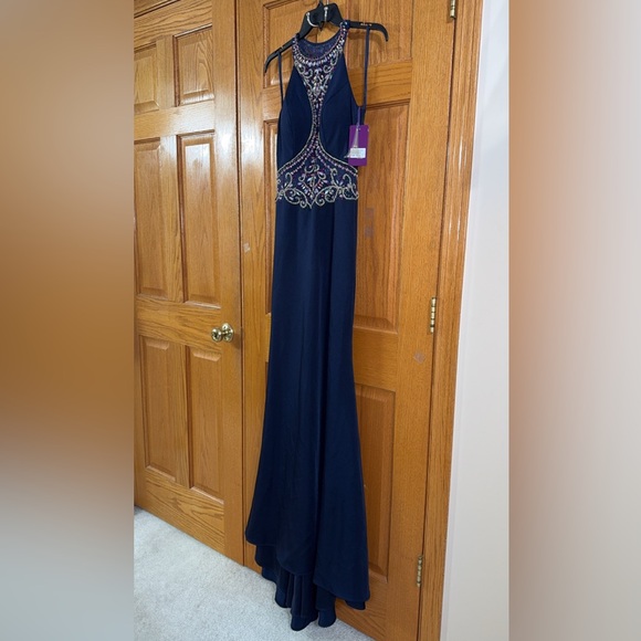 Abby Paris Formal Dress Size 8 Navy Blue Beaded Waist Train Gown AUTHENTIC NWT - Picture 8 of 15